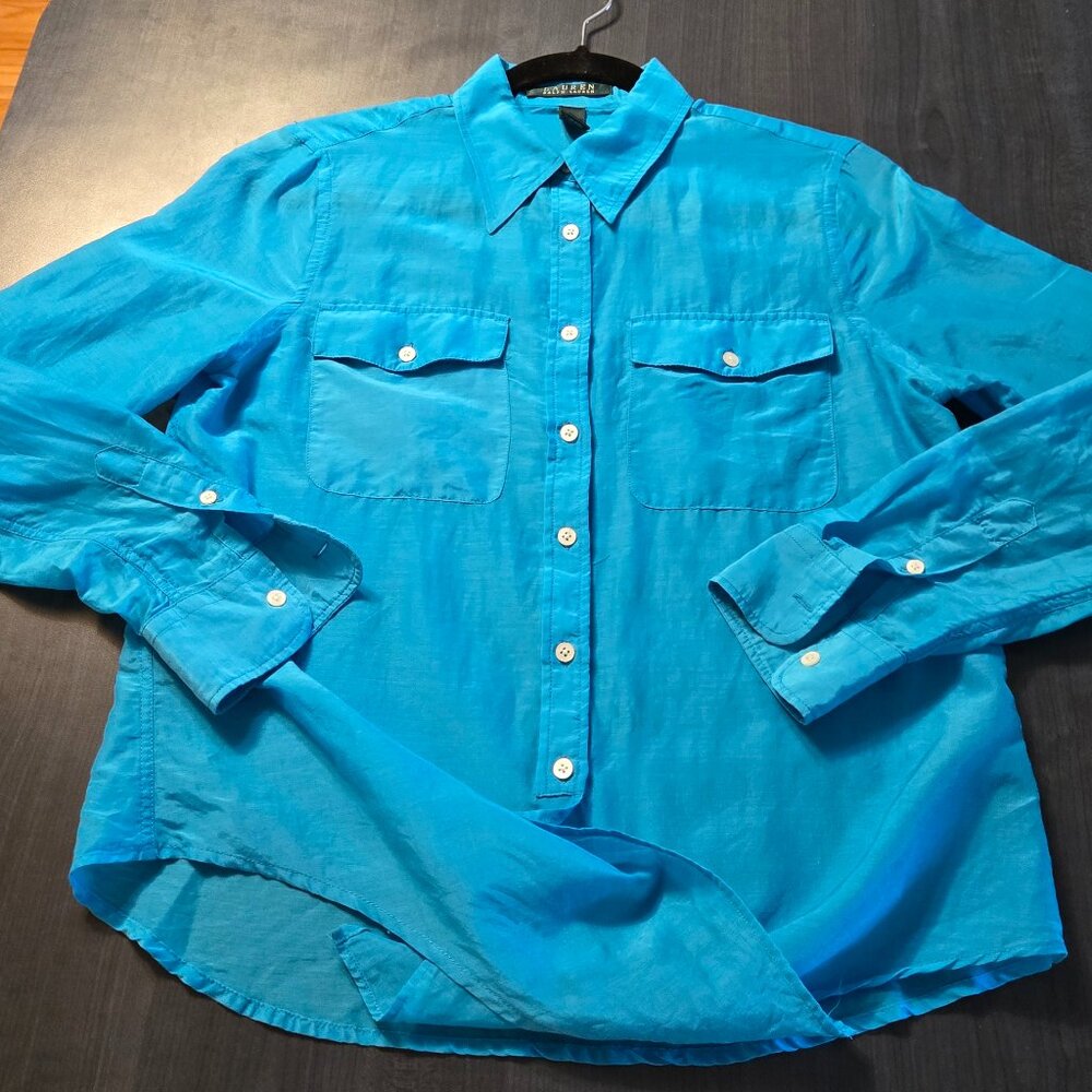NWOT Lauren Ralph Lauren Blue Silk cotton button-down shirt Small - Picture 4 of 6